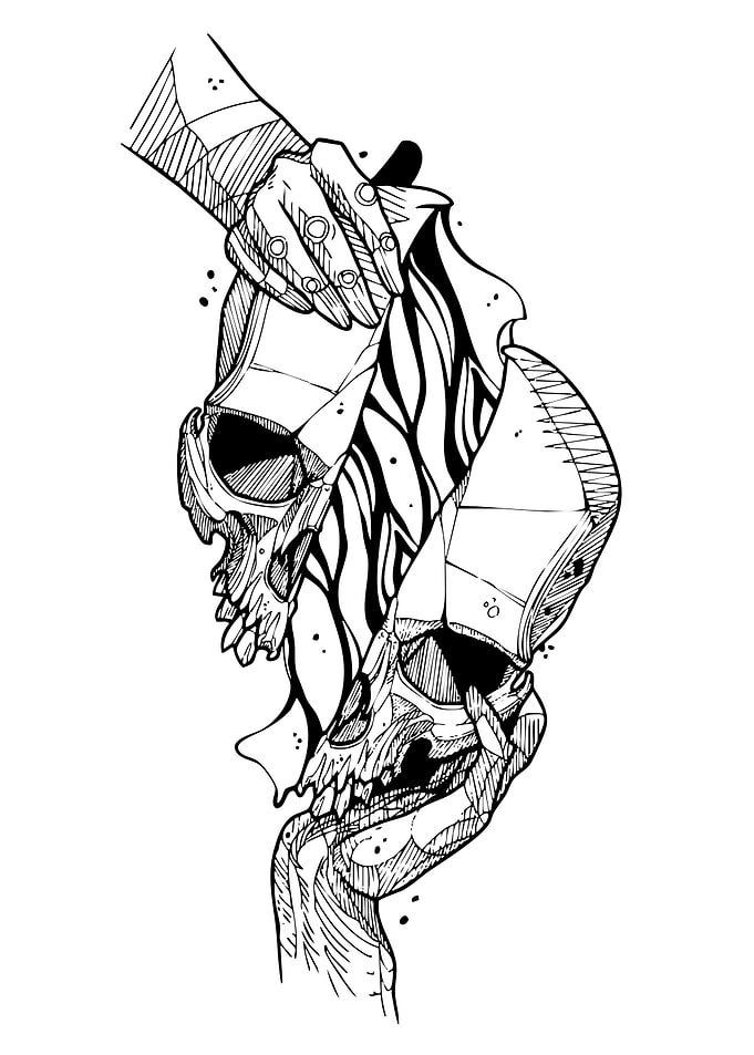Skull Held by Hands Ink Drawing
