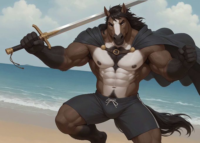 Muscular Horse Warrior on Beach