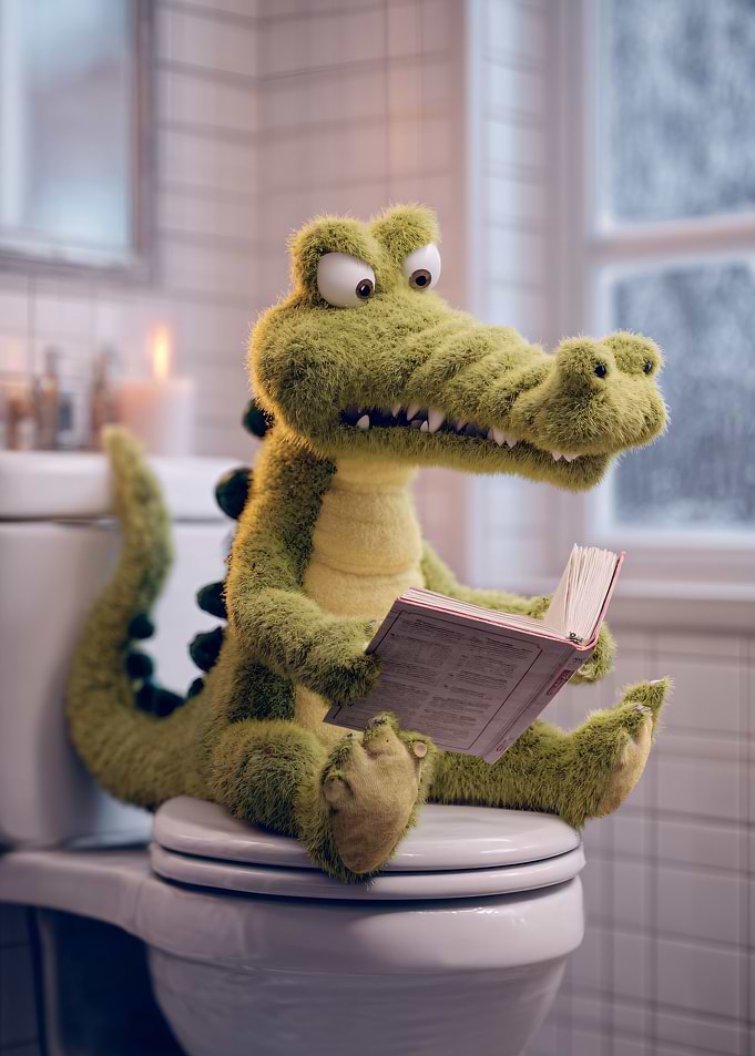 Crocodile reading on the toilet