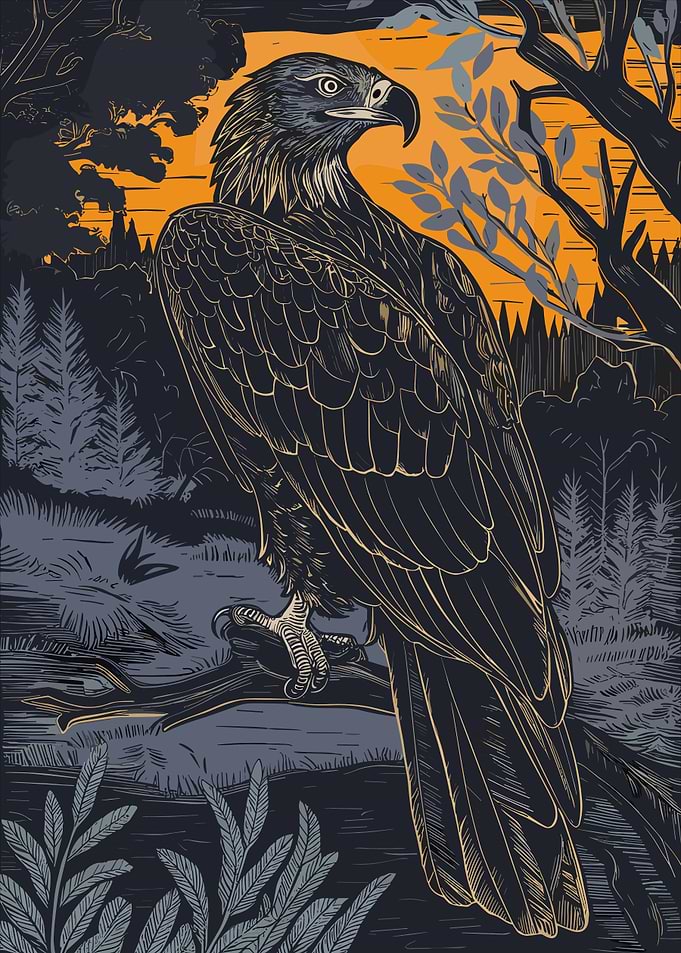 Eagle Perched on Branch at Sunset