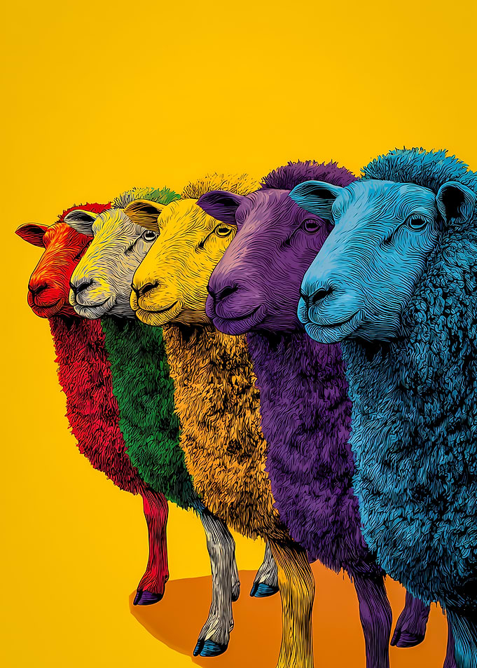 Colorful Sheep Lineup on Yellow Background