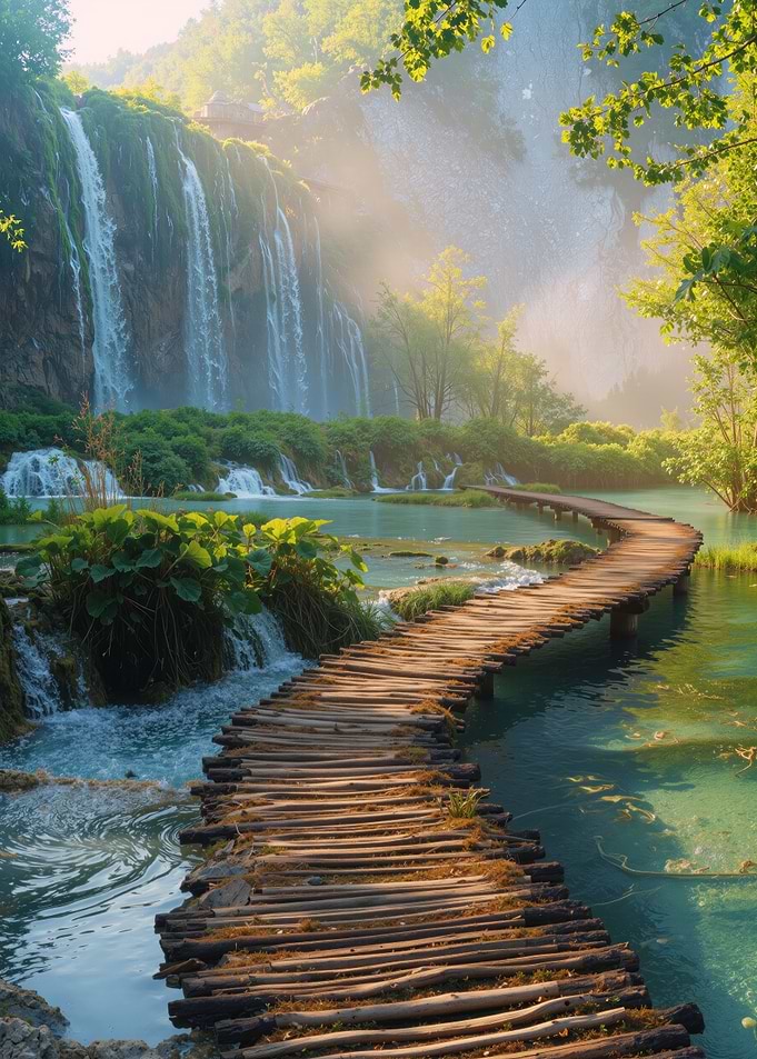 Wooden Path And Waterfall