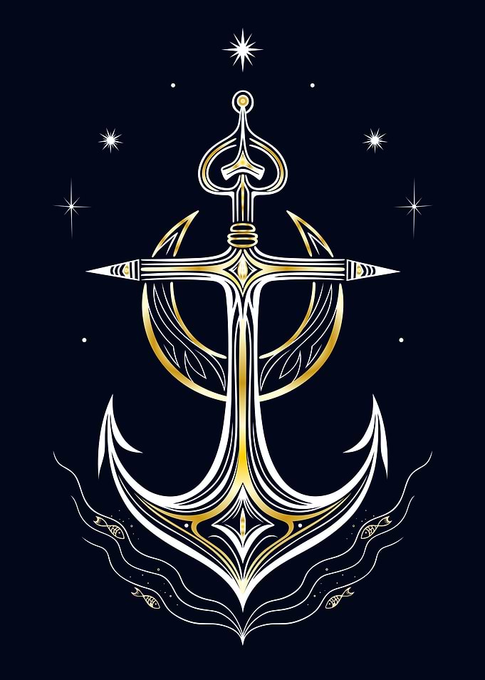 Mystic Anchor Art with Stars Moon and Fish