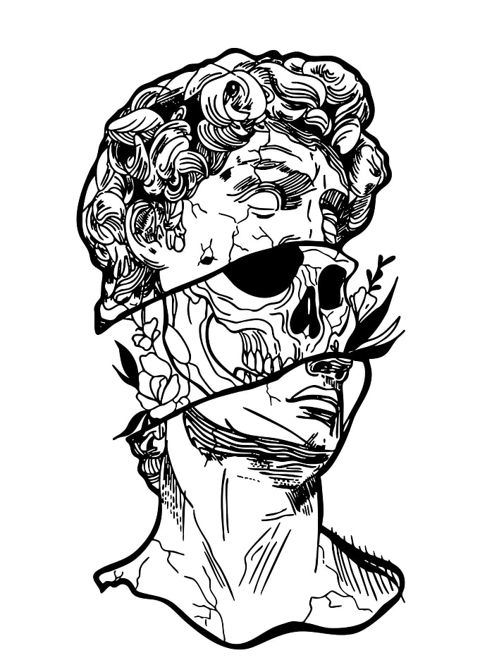 David Statue Skull Floral Line Art