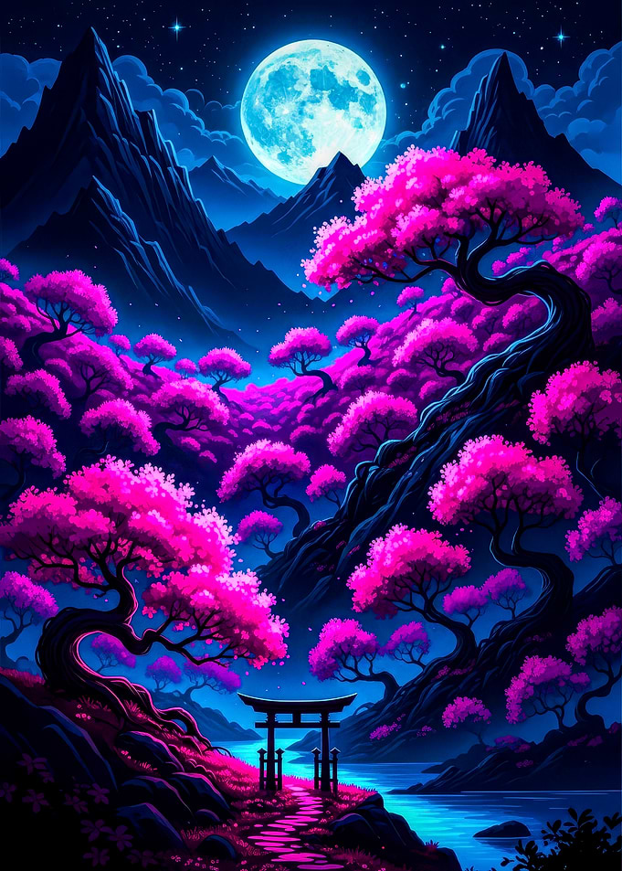 Pink Cherry Blossom Landscape with Torii Gate