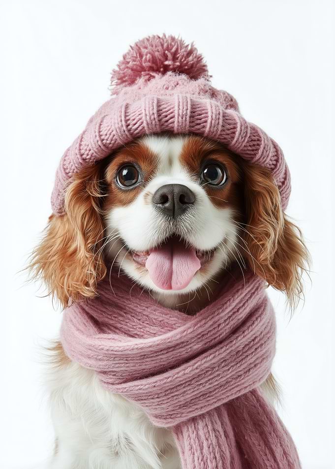 Cozy Cavalier King Charles Spaniel in Pink Winter Hat and Scarf