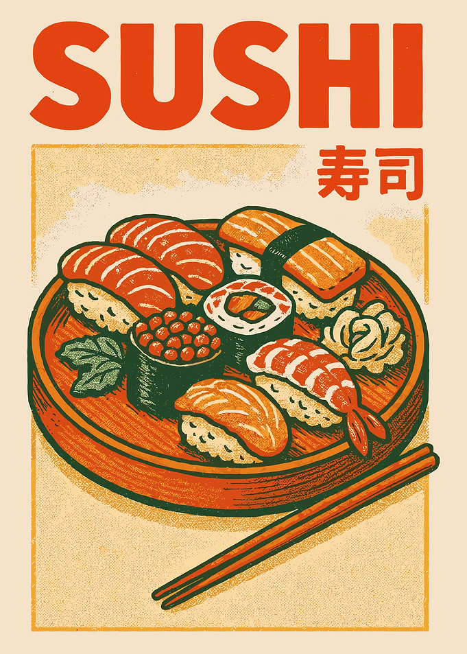 Sushi Plate Japanese Food Wall Art, Kitchen Decor Print, Sushi Roll Print, Modern Dining Room Poster