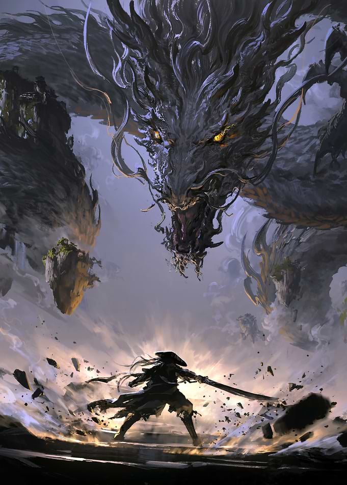 Dragon and Warrior Confrontation
