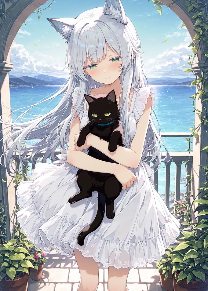 Anime Girl with Cat by the Sea