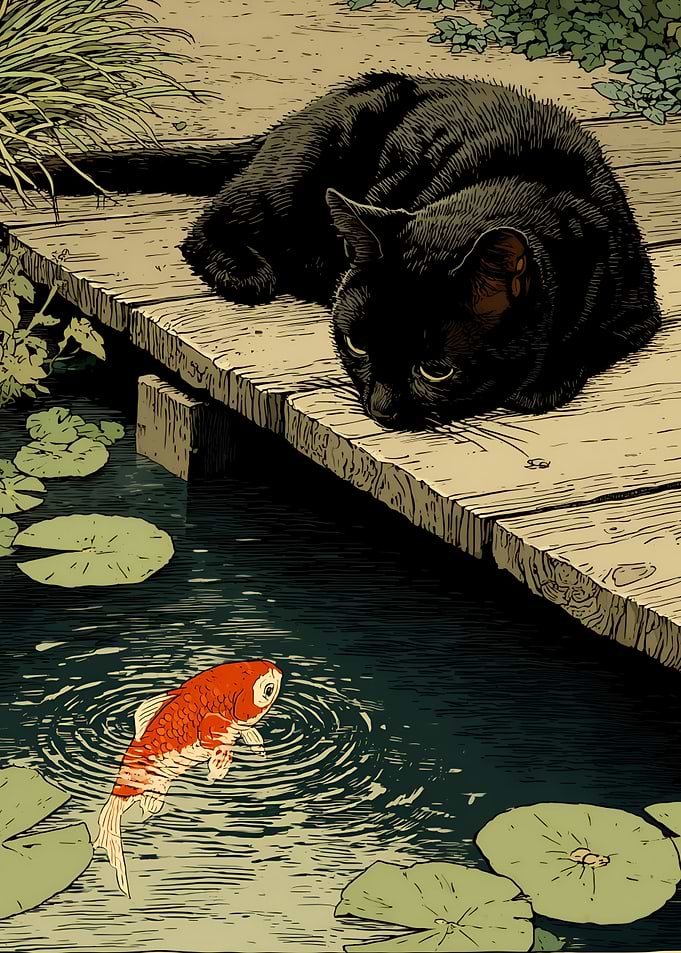 Black Cat and Koi Fish