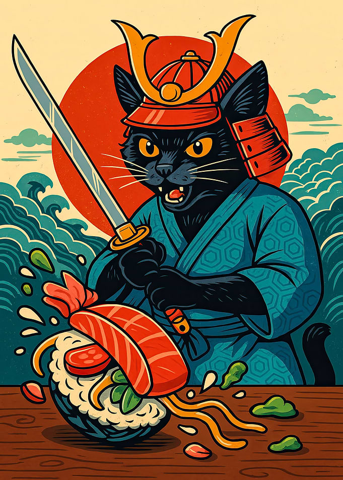 Samurai Cat Cutting Sushi