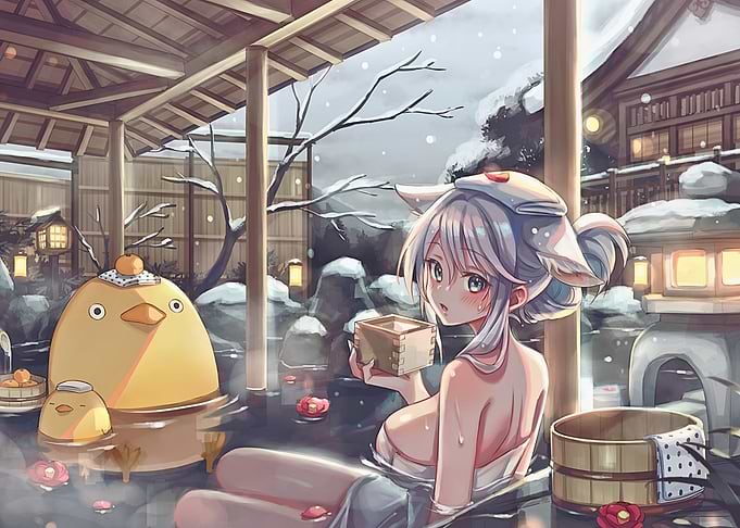 Girl and Ducks in Onsen