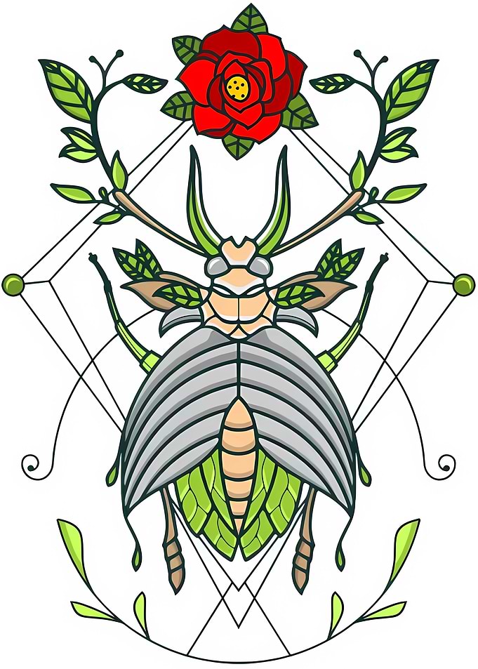 Stylized Beetle with Rose and Geometric Design