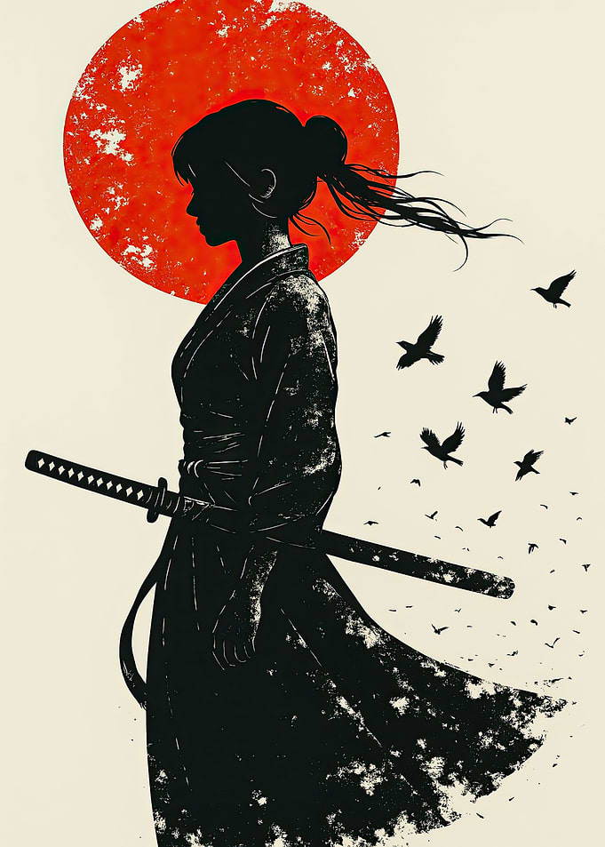 Samurai Woman Silhouette with Red Sun