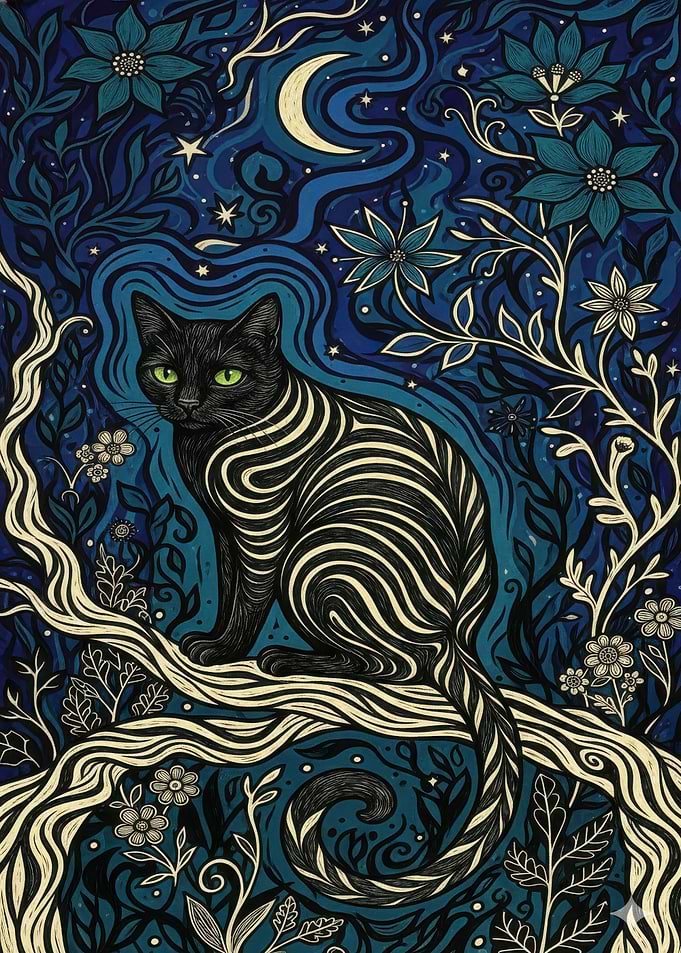Mystical Black Cat in Floral Night