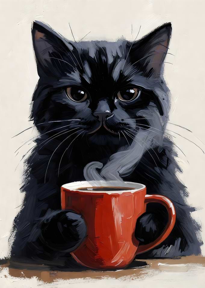 Black Cat with Coffee Cup Painting