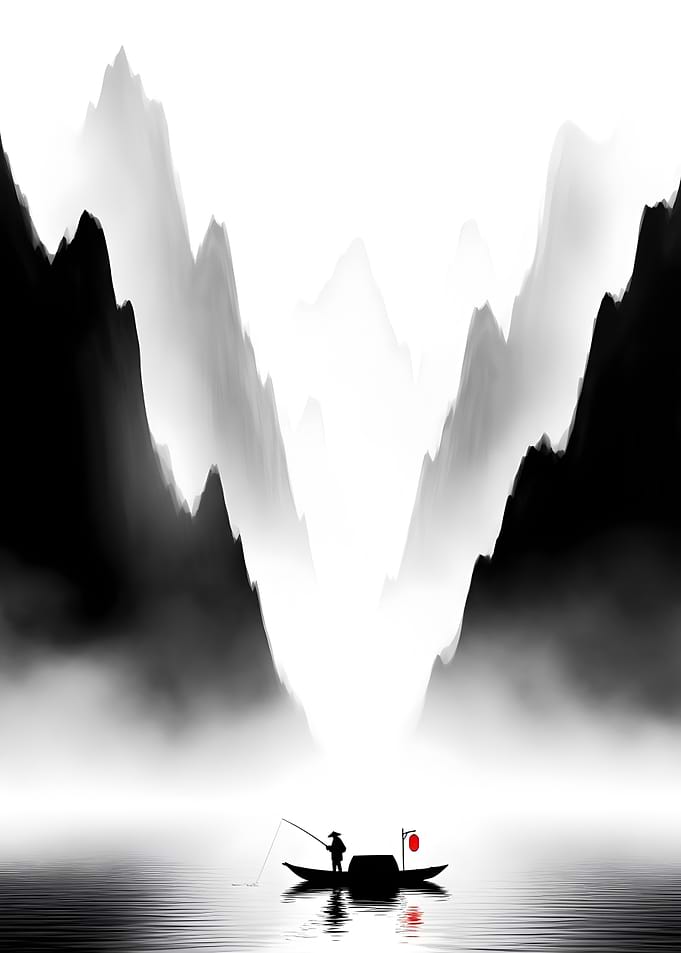 Fisherman in Boat with Mountain Backdrop