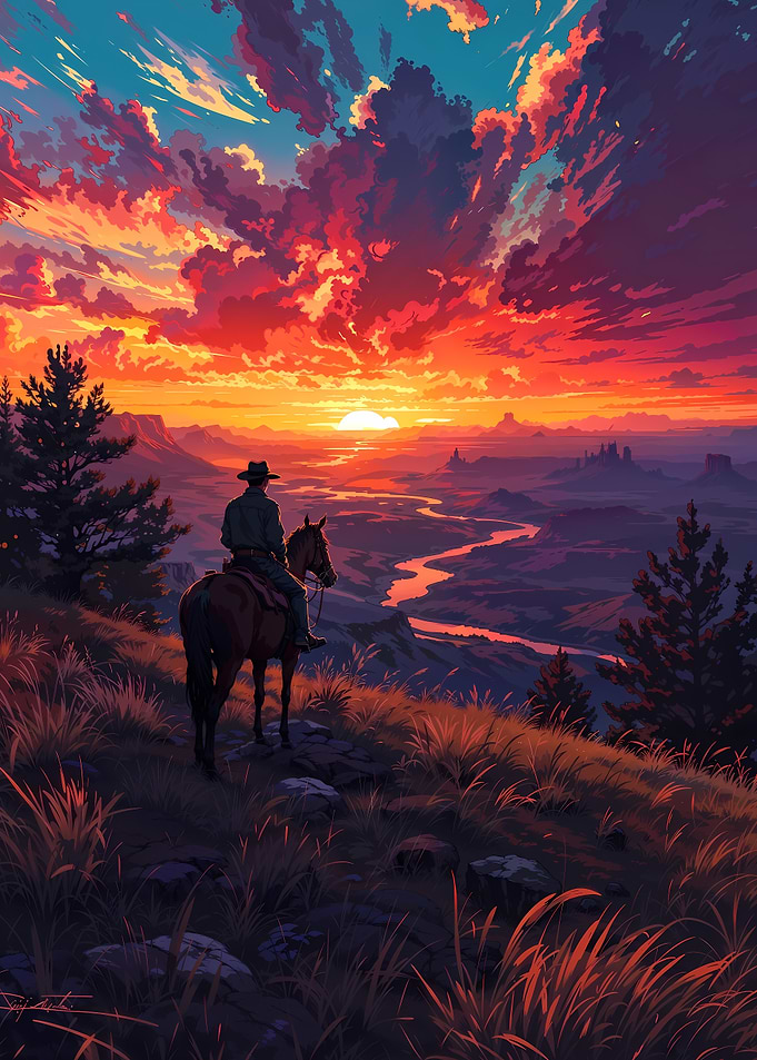 Cowboy on Horseback at Sunset