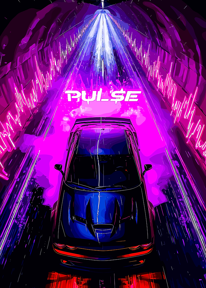 Blue Car in Neon Tunnel