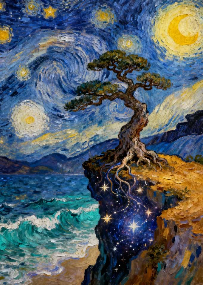 Starry Night Tree on Cliff