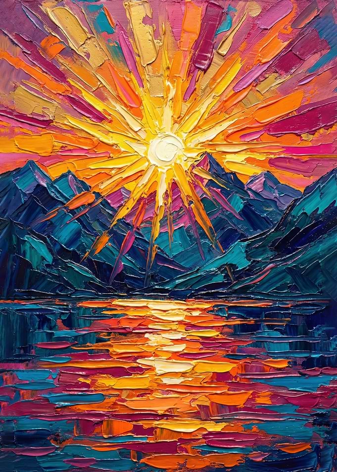 Impasto Sunrise Over Mountains and Lake