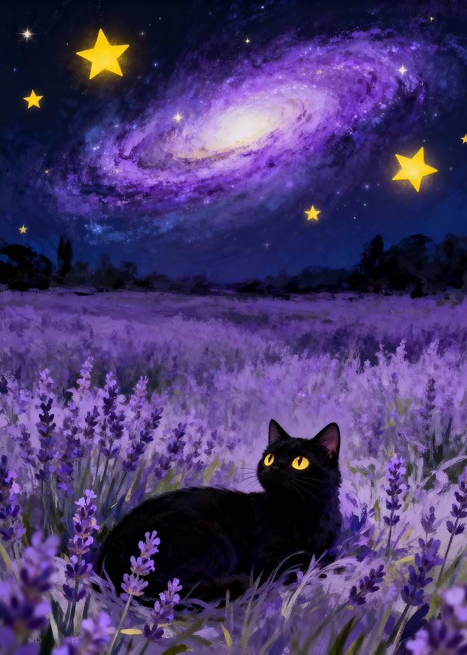 Black cat in lavender field at night