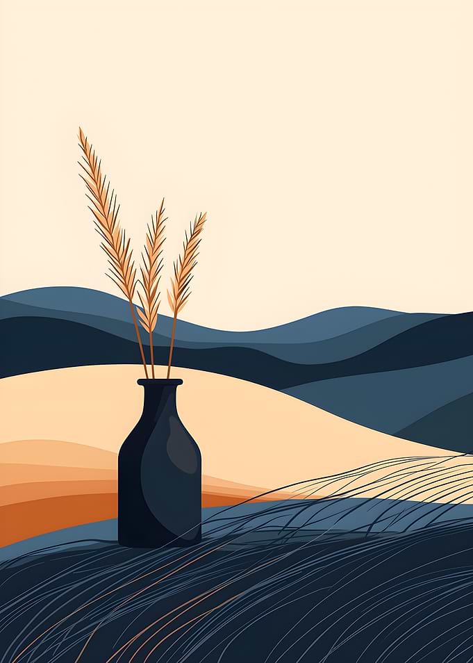 Minimalist Landscape with Vase and Wheat