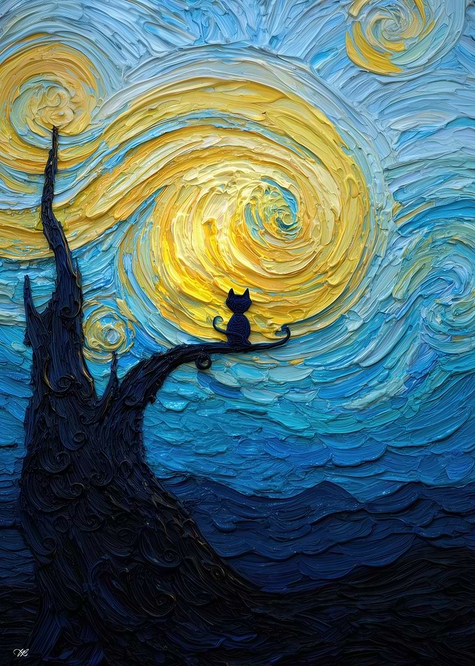 Starry Night Cat Painting