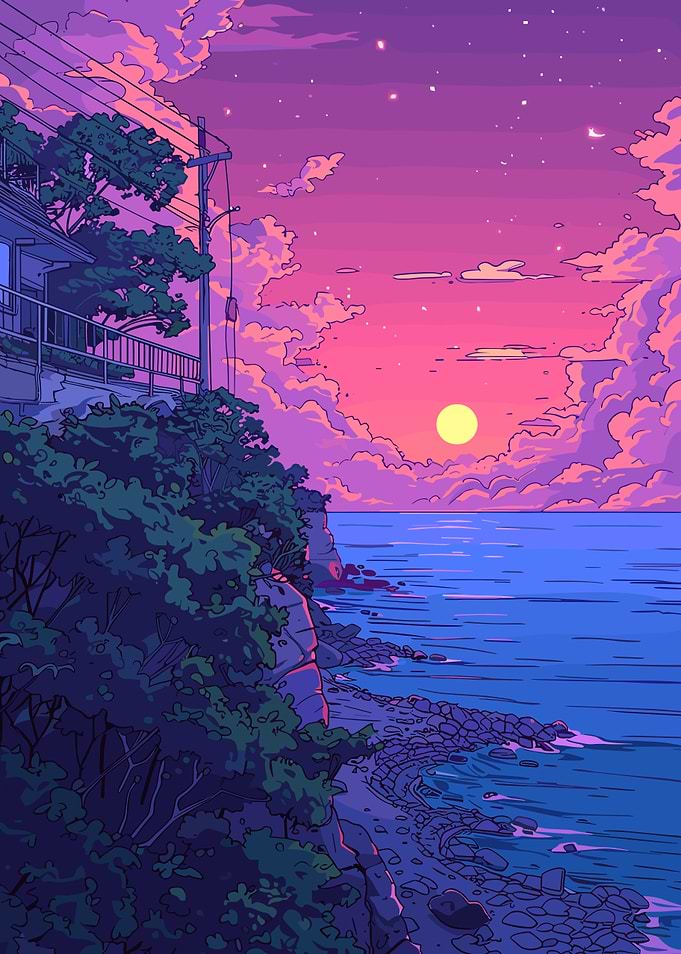 Coastal Sunset Anime Style