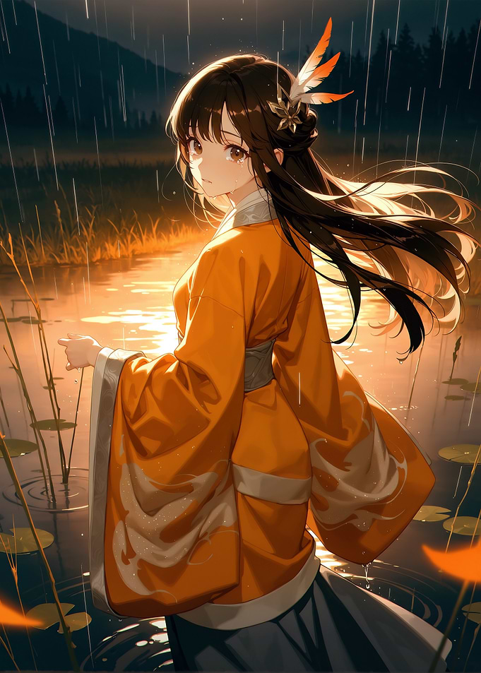 Anime Girl in Rain, Orange Kimono