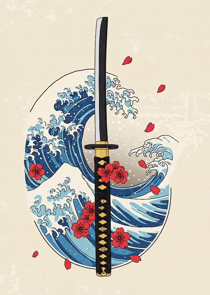 Katana, Wave, and Cherry Blossoms Art