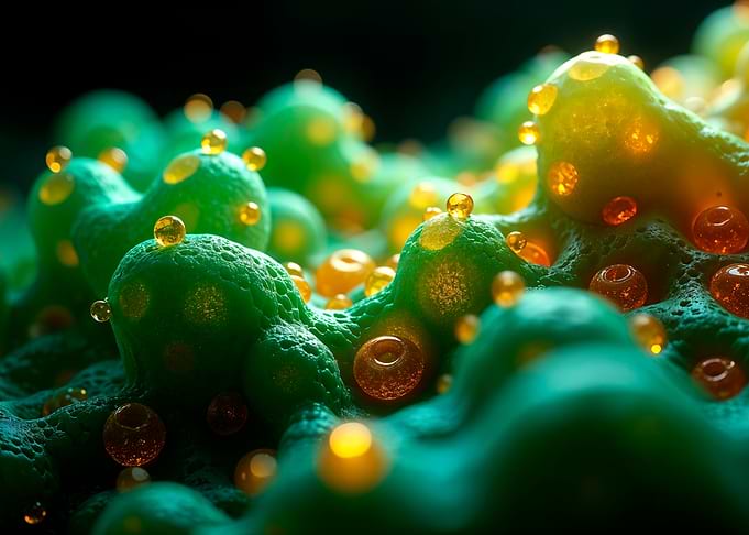 Abstract Green Surface with Golden Orbs