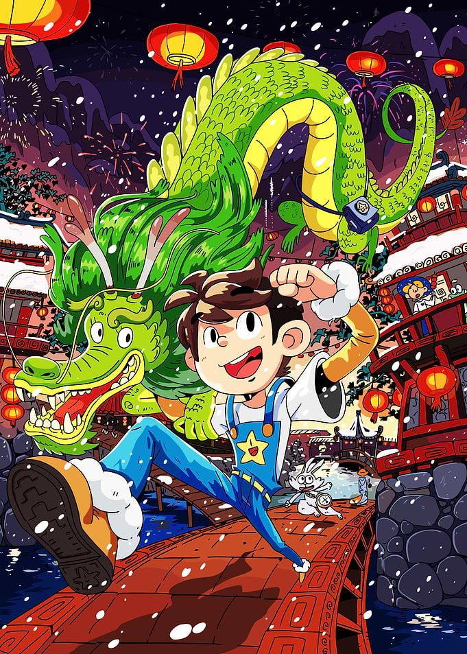 Boy with Dragon in Asian Town