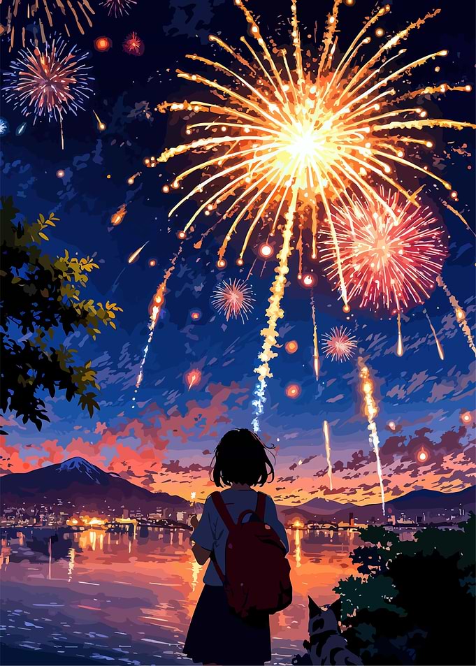 Fireworks Display over Cityscape with Girl