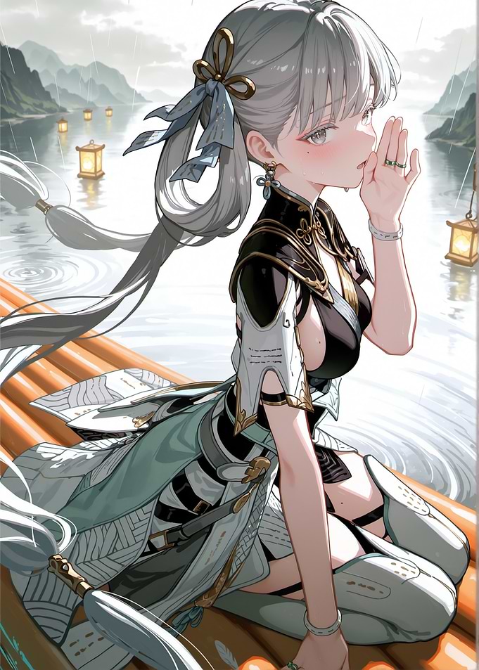 Anime Girl on Raft in the Rain