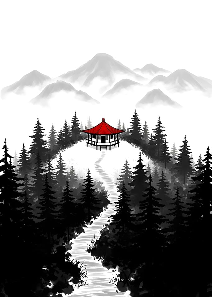 Japanese Pagoda in Mountain Landscape