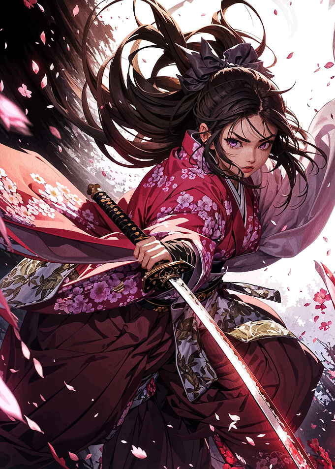 Samurai Girl with Katana in Cherry Blossoms