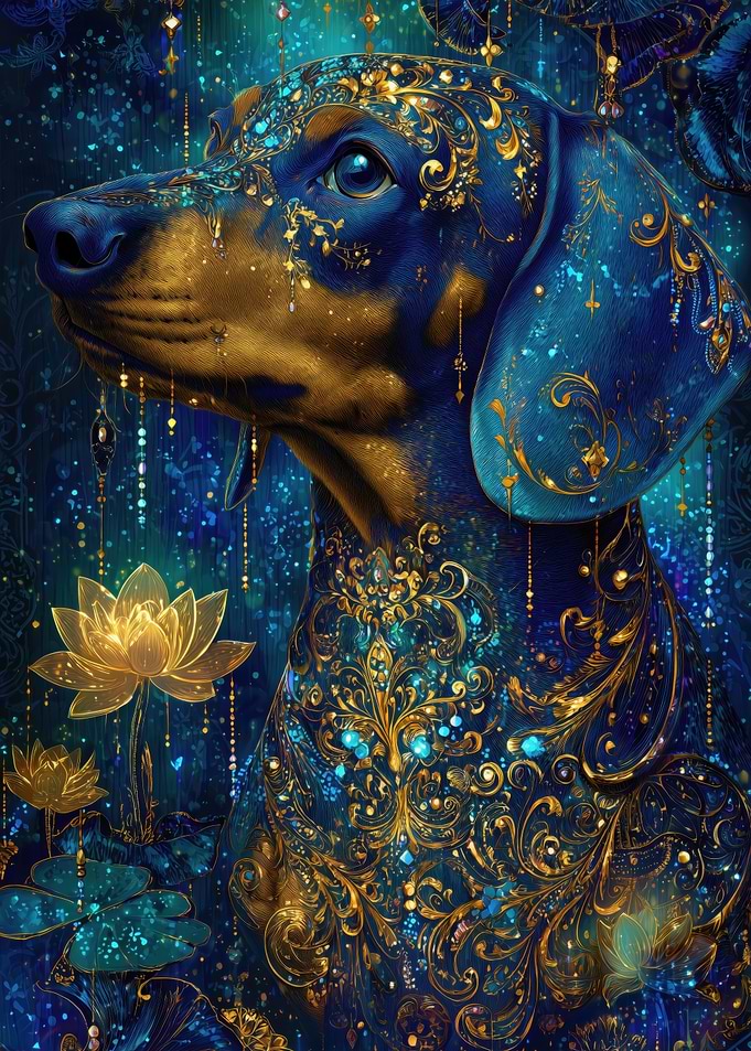 Ornate Dachshund with Lotus Flowers