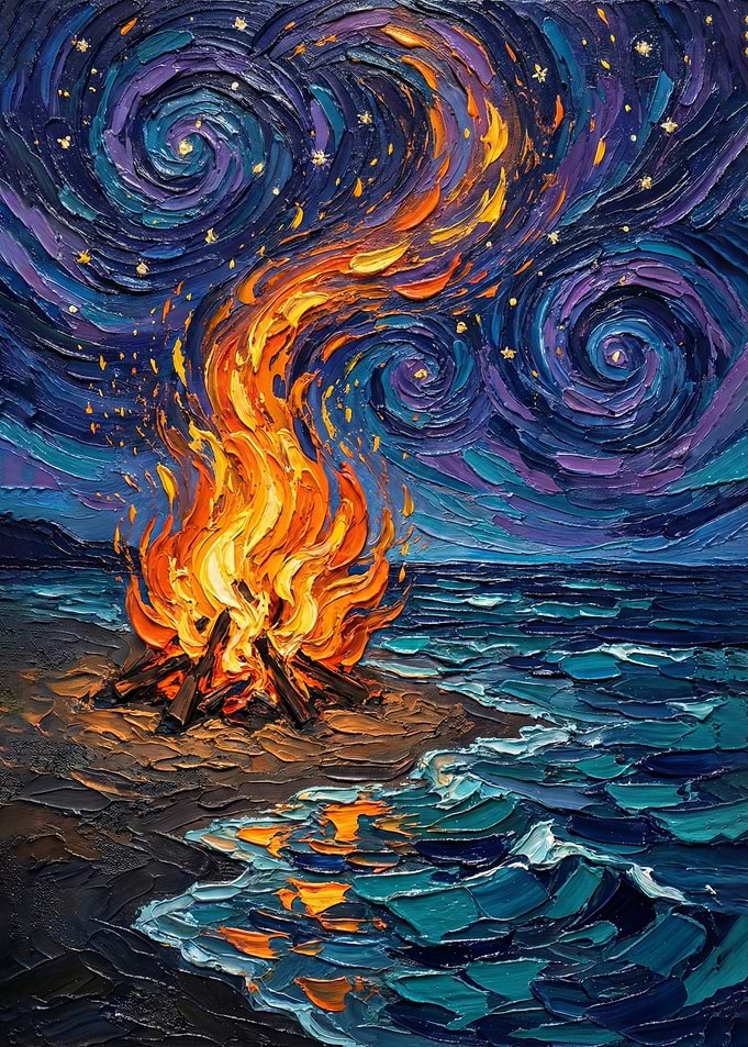 Beach Bonfire Under Starry Night Painting