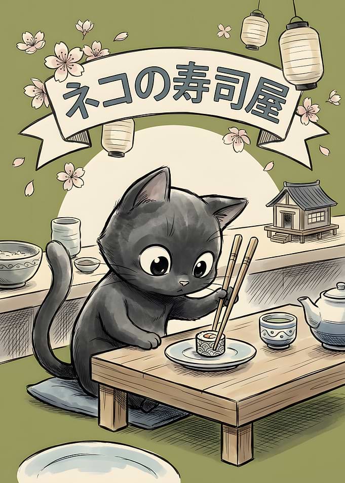 Cat Sushi Restaurant Illustration