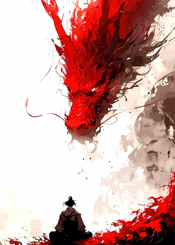 Red Dragon and Meditating Figure