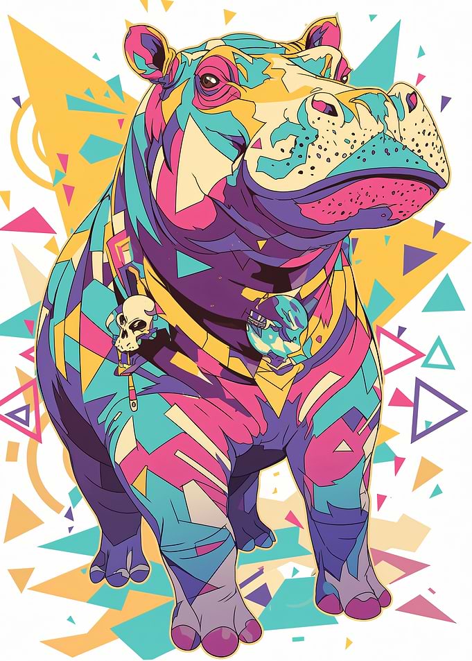 Colorful Hippopotamus with Geometric Background