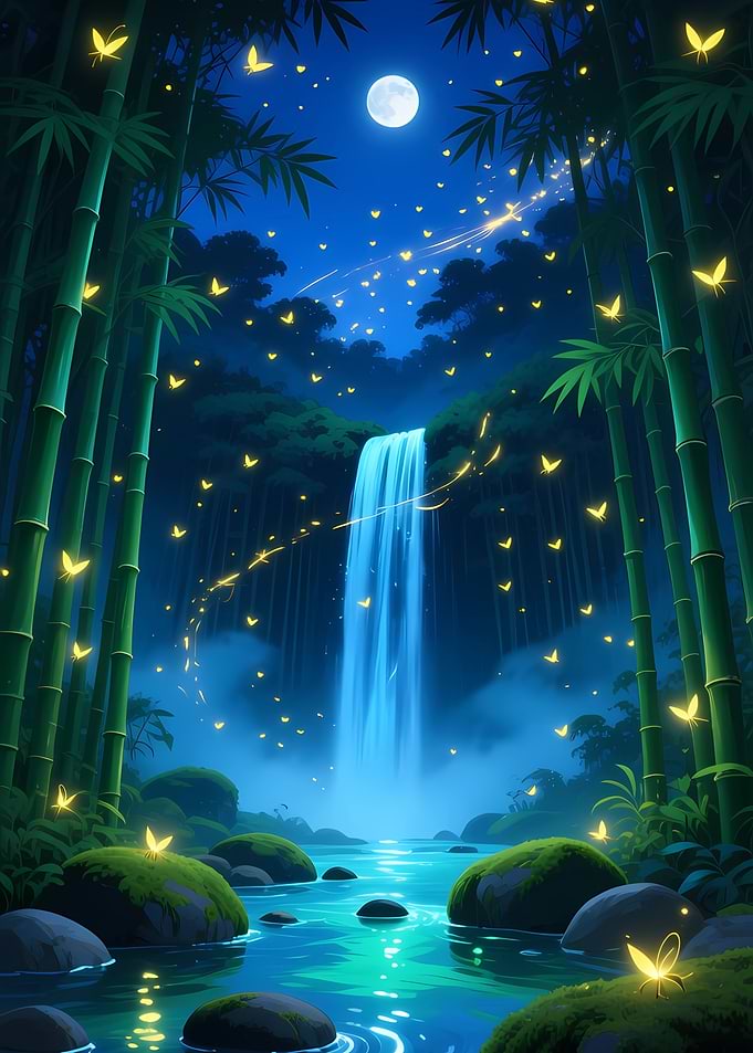 Enchanted Waterfall with Firefly at Night