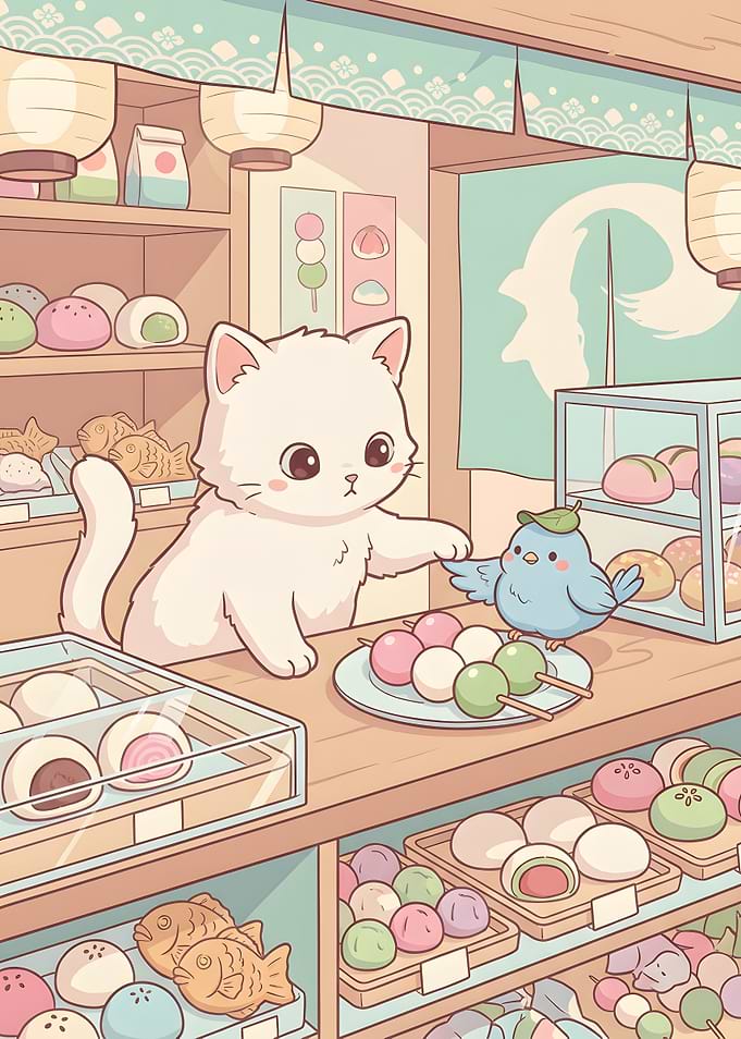 Cat and Bird at Japanese Sweets Shop