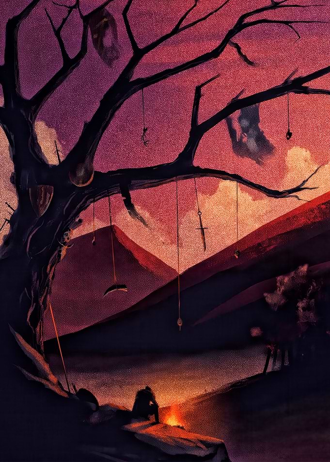 Eerie Tree with Hanging Objects
