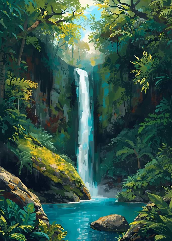Tropical Waterfall in Lush Greenery