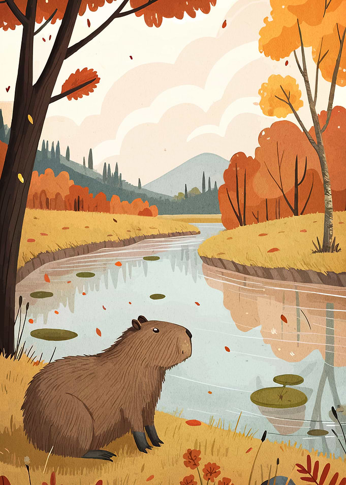 Capybara in Autumn Landscape Illustration