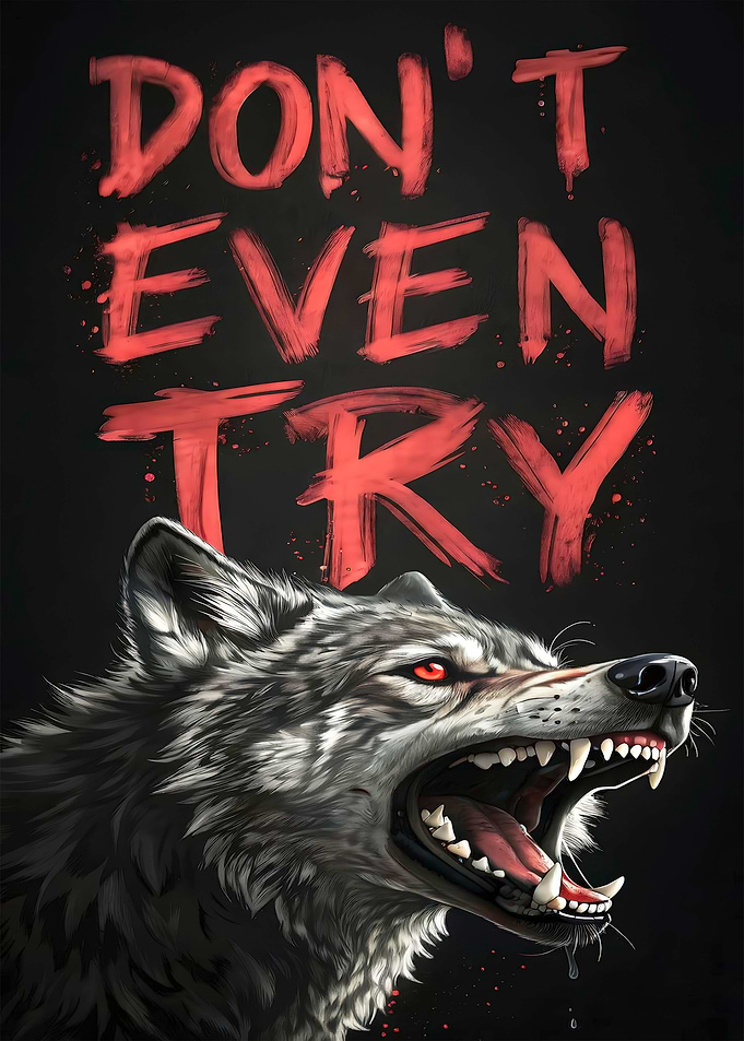 Aggressive Wolf with Warning Text