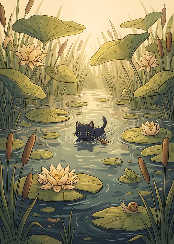 Black Cat in Pond with Lilypads