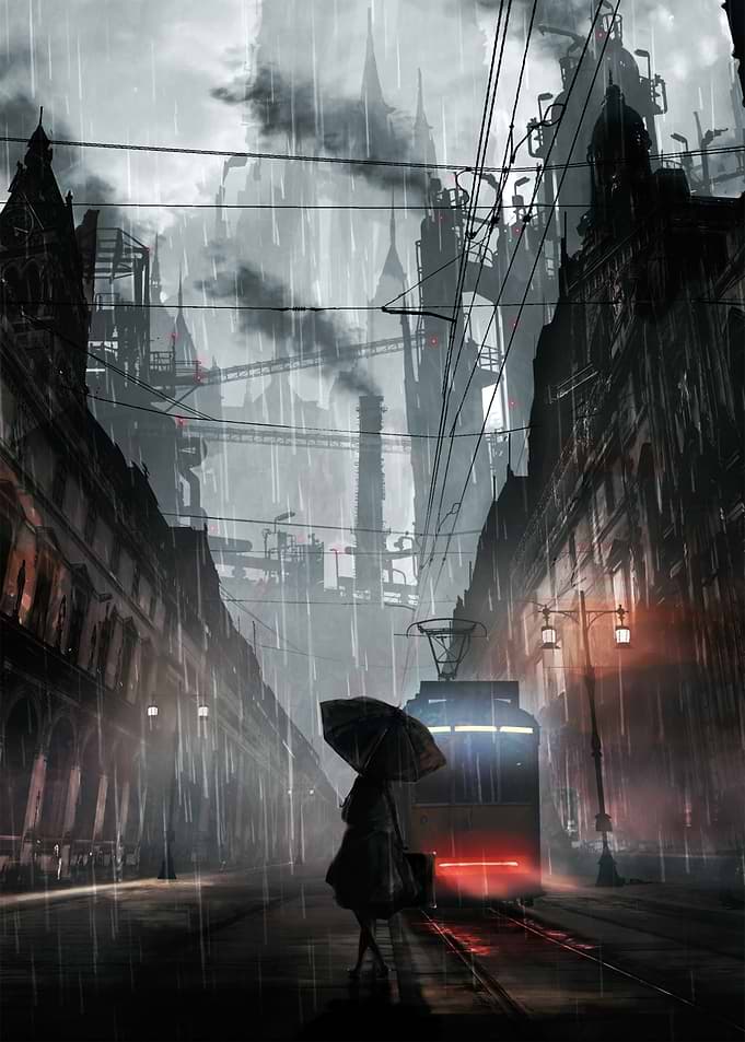 Rainy Cityscape with Tram and Figure